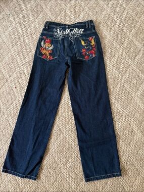 Ninth Hall Dark Blue Straight-Leg Jeans with Embroidered Pockets